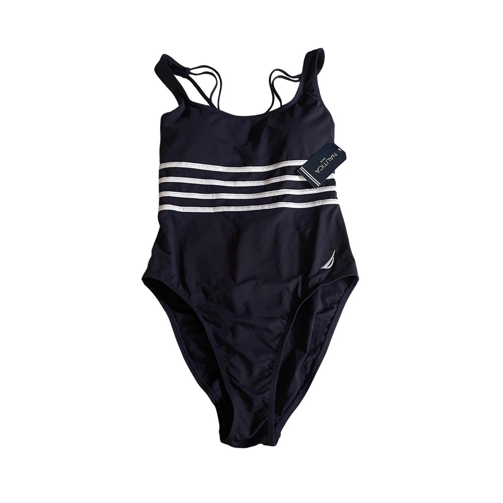 Nautica Navy Blue White Striped One Piece Swimsuit Strappy Back Size M NWT